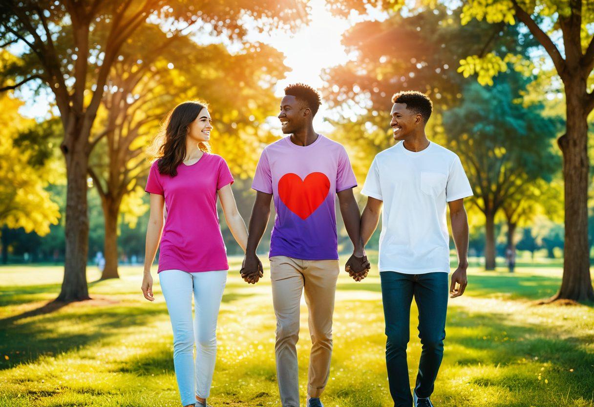 A couple holding hands in a vibrant, sunny park surrounded by nature, with a subtle overlay of lab test results and healthy heart icons subtly integrated into the background. The couple shows joy and connection, symbolizing the bond strengthened through health awareness. Bright colors create an uplifting atmosphere, evoking love and vitality. super-realistic. vibrant colors.