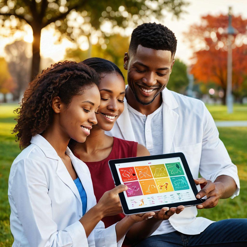A diverse couple bonding over a digital tablet displaying colorful health analysis charts, with animated blood cells floating around them. The background features a serene park setting, symbolizing health and connection. Warm, inviting colors and soft lighting create an intimate atmosphere, enhancing the theme of relationship and wellness. super-realistic. vibrant colors. soft focus.