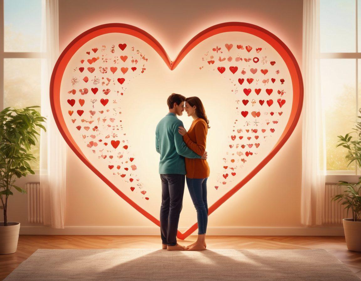 A tender moment between a couple in a serene setting, possibly a cozy living room or a sunny park, where they are holding hands while reviewing health screening results together. Surround them with symbols of love like heart shapes and medical icons, emphasizing the connection between health and happiness. The backdrop features soft, soothing colors that evoke comfort and tenderness. super-realistic. vibrant colors. warm lighting.